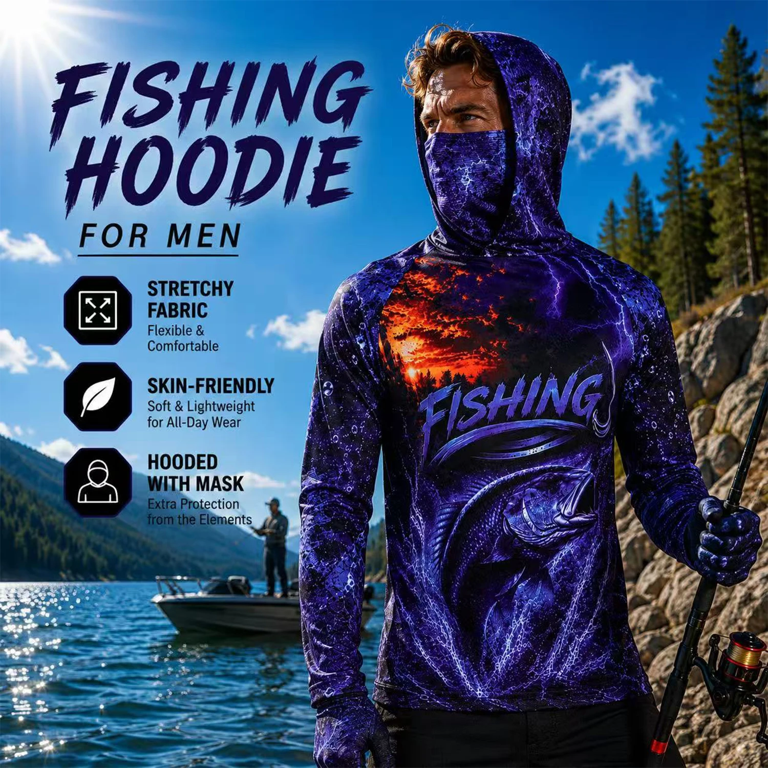 Fishing Shirt Uv Protection - 남성용 보라색 바스피쉬 3D 프린트 후드형